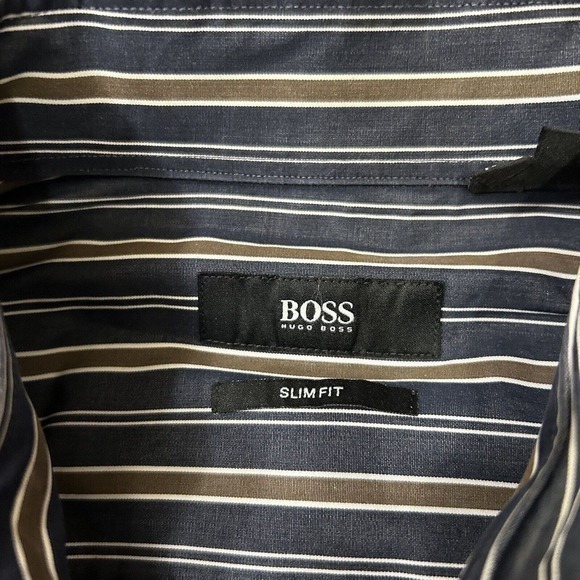 Hugo Boss Shirt Mens 39 15.5‎ Black Brown Striped Button Up Long Sleeve Slim Fit - Picture 3 of 11